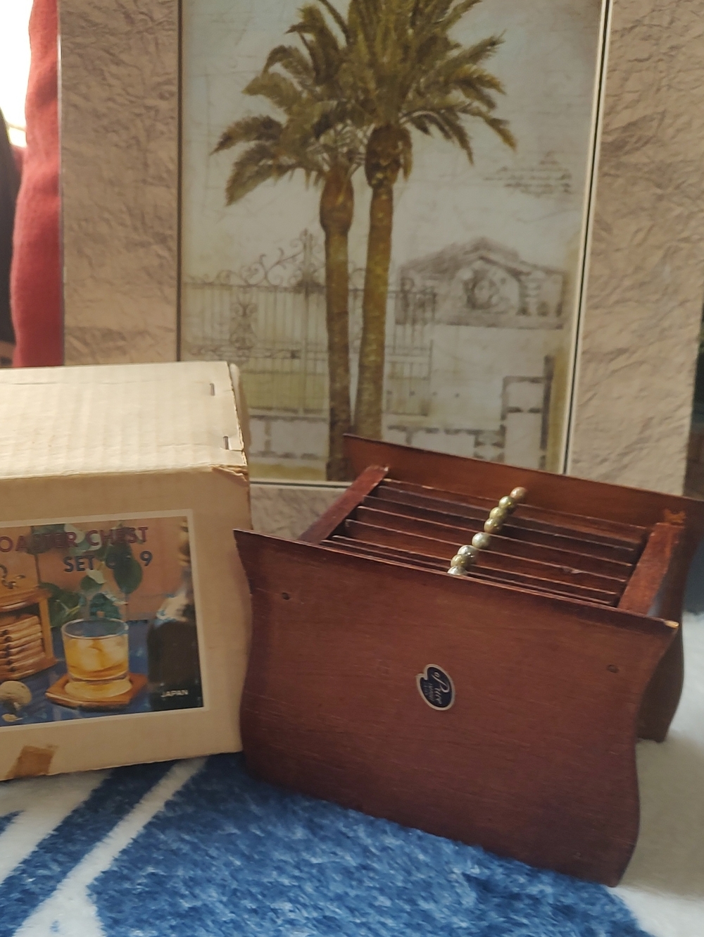 Wood Coaster Chest Set of 9 -vintahe Dark Brown Wooden Box - Picture 11 of 13